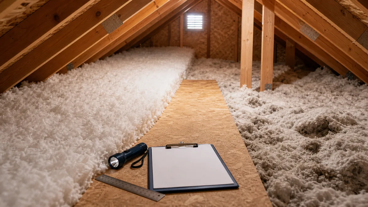 Accessible attic showing even and disturbed insulation beside a flashlight, ruler and clipboard