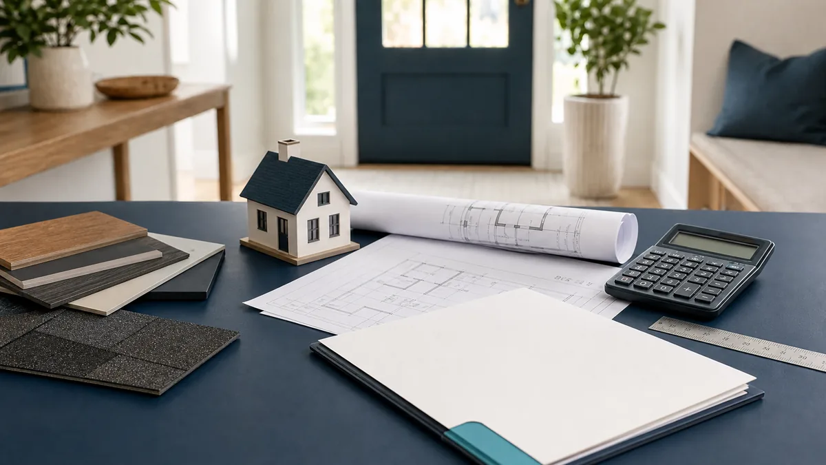 House model, construction plans, material samples and calculator for reviewing dwelling coverage