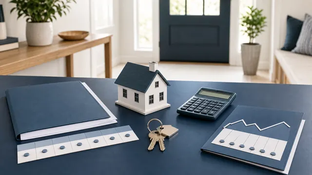 House model, calculator and two mortgage-planning folders showing steady and variable payment paths