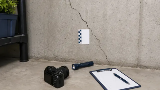 Basement foundation crack documented with a measurement card, camera and flashlight