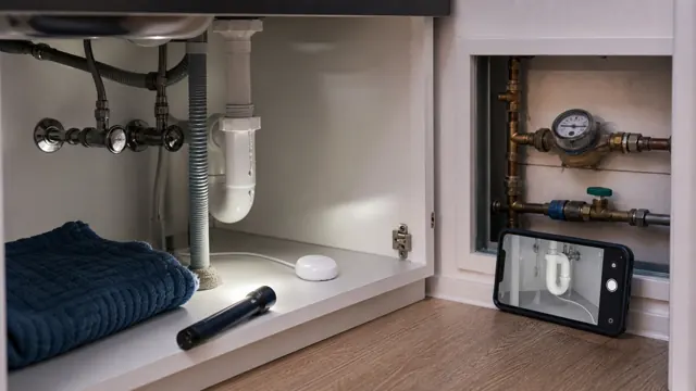 Under-sink plumbing, water meter, moisture sensor and flashlight during a leak inspection