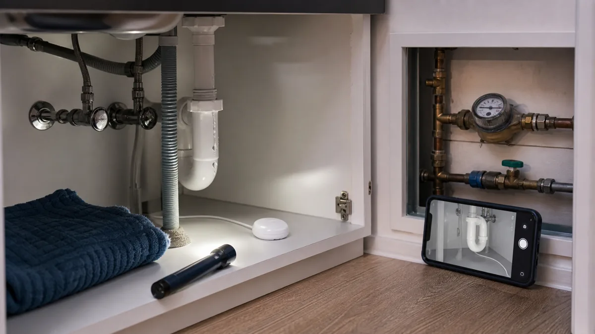 Under-sink plumbing, water meter, moisture sensor and flashlight during a leak inspection