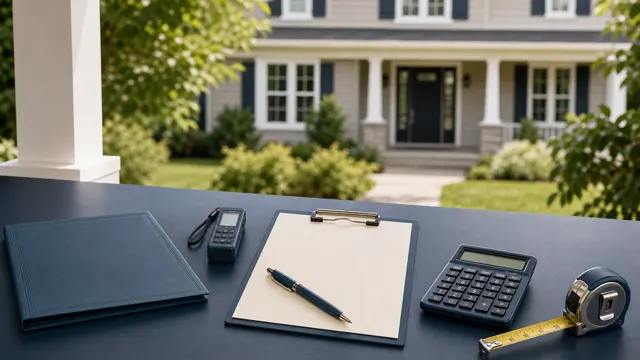 Suburban home with blank appraisal clipboard, laser measure, calculator and tape measure