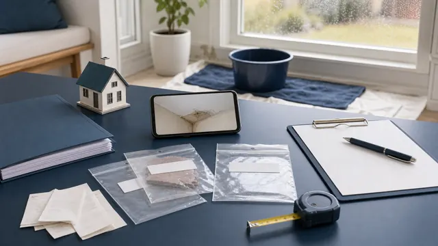 Phone camera, policy folder, measuring tape, blank receipts and organized damage evidence