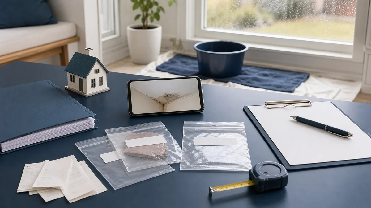 Phone camera, policy folder, measuring tape, blank receipts and organized damage evidence
