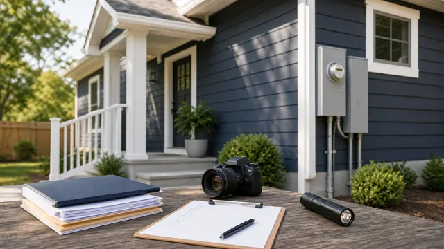 Home exterior with inspection documents, camera and flashlight prepared for an insurance review
