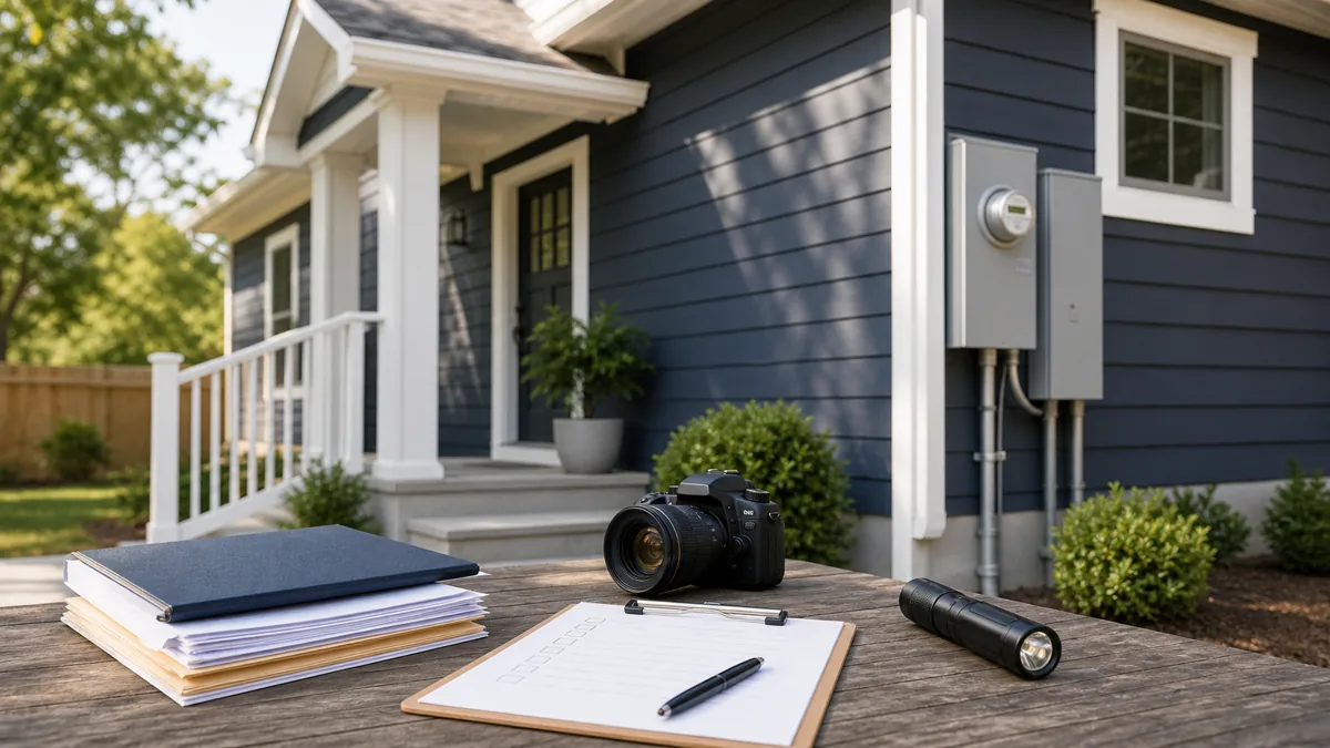 Home exterior with inspection documents, camera and flashlight prepared for an insurance review