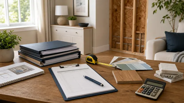Renovation plans, material samples, measuring tape and calculator in a home under renovation