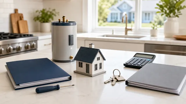 Home model, water heater, repair tool and two separate coverage folders in a kitchen