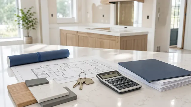 Floor plans, keys, calculator and closing documents in a newly built kitchen