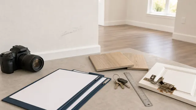 Rental move-out inspection with wall scuff, worn flooring, damaged hinge, camera and ruler