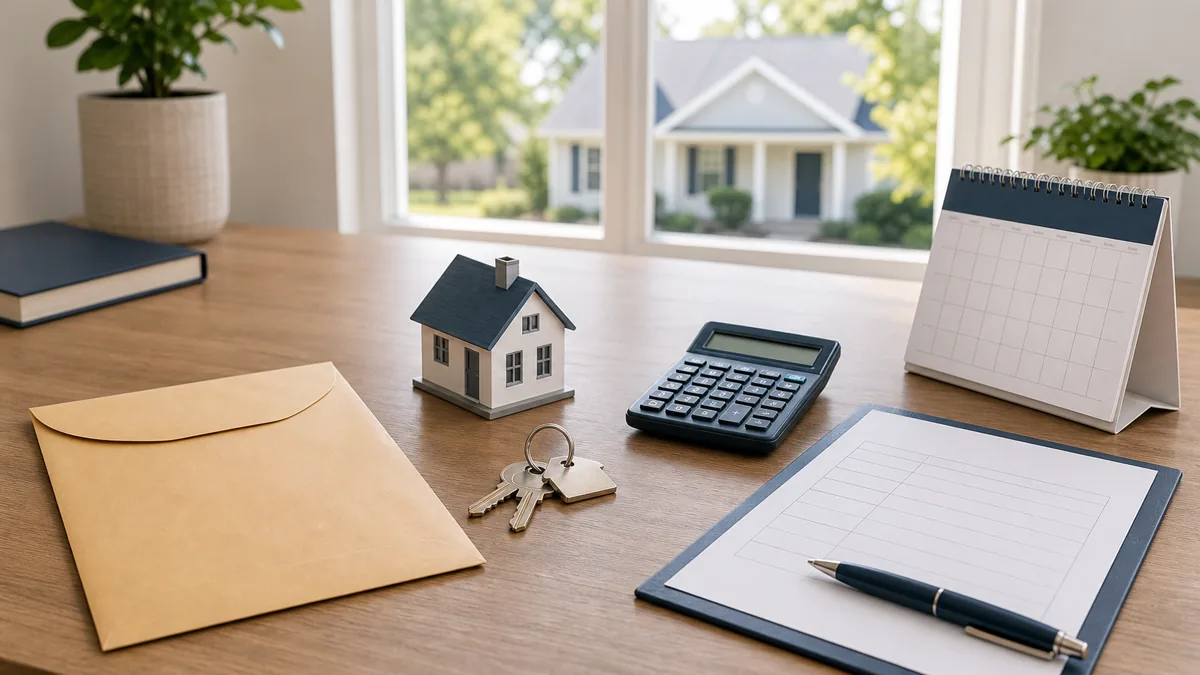 Property assessment documents, calculator, calendar, keys and house model