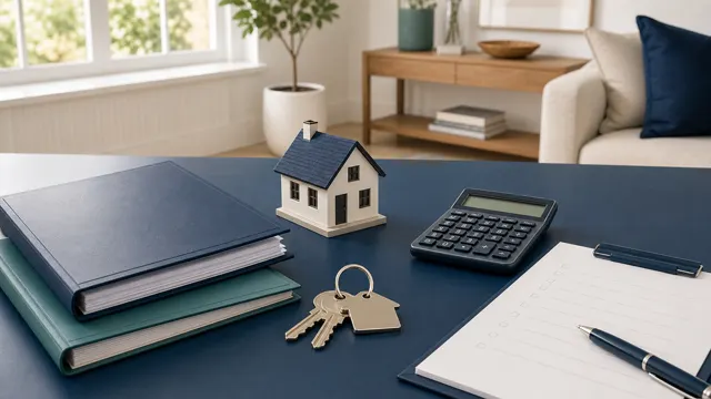 House model, keys, calculator, two mortgage folders and a blank refinance fee worksheet