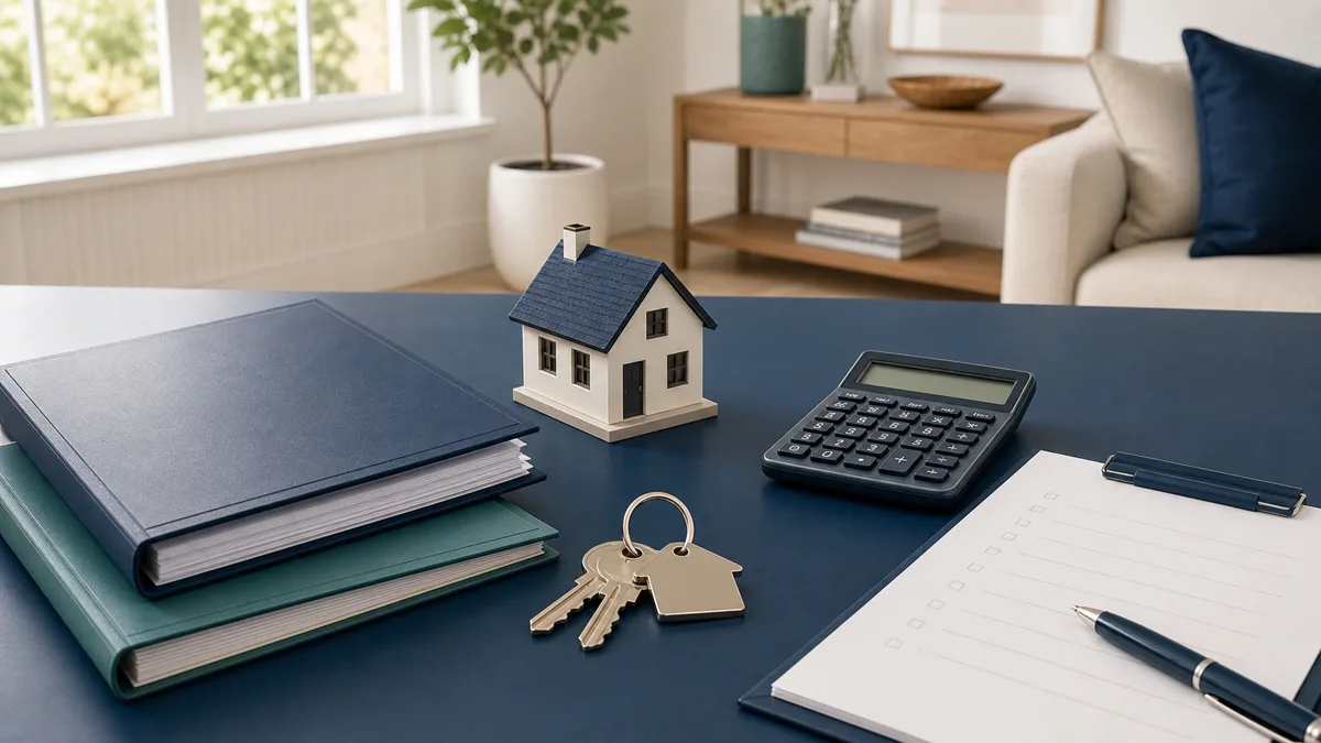 House model, keys, calculator, two mortgage folders and a blank refinance fee worksheet