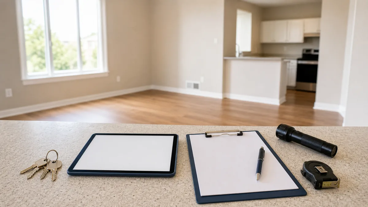 Empty rental apartment with keys, tablet, flashlight and inspection clipboard