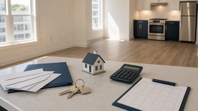 Empty rental apartment with keys, calendar, calculator and leasing documents