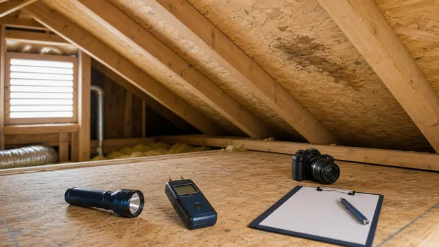 Attic roof sheathing inspected with a flashlight, moisture meter, camera and checklist