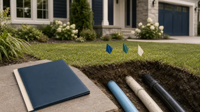 Suburban yard with exposed buried utility pipes, locate flags and a blank insurance folder