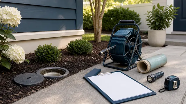 Residential sewer cleanout with inspection camera reel, pipe sample, flashlight and blank quote clipboard