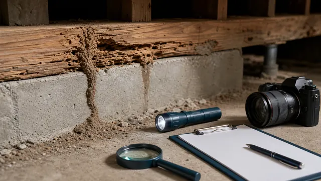 Wood sill with a subtle mud tube and damage beside inspection tools and a camera